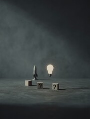 Poster - Minimalist Liftoff Concept with Light Bulb and Rocket on Textured Surface for Business Innovation and Problem-Solving Visual