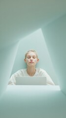 Poster - Minimalist Tech Workspace with Young Woman Meditating in Soft Natural Light, Emphasizing Mindfulness and Digital Wellness for Modern Lifestyle