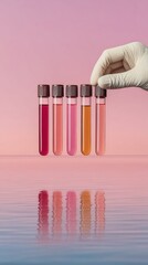 Poster - Modern Healthcare Concept with Gloved Hand Holding Ferritin Test Tube against Pastel Background - Medical Laboratory Analysis and Blood Testing Innovation
