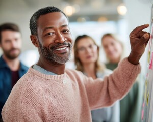 Aufkleber - Confident male team leader conducting strategic planning session with diverse group in modern office, inspiring collaboration and leadership in business innovation