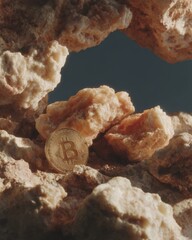 Poster - Gold Bitcoin Coin in Crystalline Cave Surroundings Representing Digital Mining and Limited Cryptocurrency Resources - Modern Tech and Finance Concept