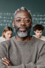 Poster - Confident male teacher with glasses standing in modern classroom with chalkboard equations and focused students for educational leadership and mentorship
