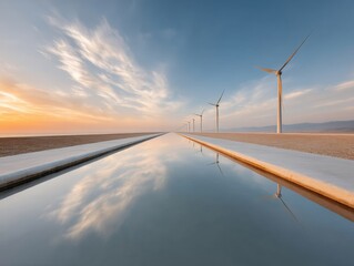 Poster - Modern renewable energy facility with wind turbines and solar panels reflecting in water canal at sunset symbolizing clean sustainable power innovation