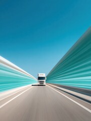 Poster - Modern Freight Forwarding Semi Truck Driving on Highway Overpass with Motion Blur, Emphasizing Efficient Road Transport and Rapid Delivery Logistics