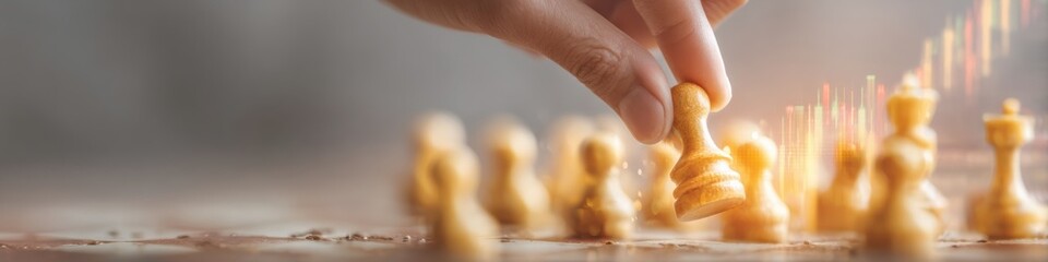 Poster - Strategic Business Concept Hand Moving Chess Piece with Digital Market Data Overlay for Investment and Risk Management in Tech-Driven Finance