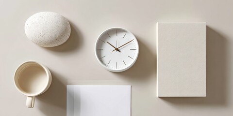 Poster - Minimalist Office Flatlay with Clock, Cup, and Planner Representing Flexible Work Scheduling and Strategic HR Management for Modern Productivity