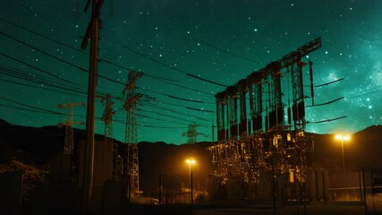 Poster - Industrial facility under darkness, possible nighttime maintenance or inspection