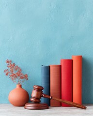 Aufkleber - Modern Legal Concept Wooden Gavel and Colorful Law Books with Minimalist Vase Against Blue Wall for Law Firm Branding and Digital Marketing