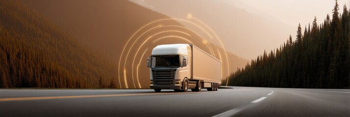 Poster - Autonomous Driverless Semi-Truck Navigating Forest Road with Sensor Range Indicators - Next-Gen Freight Transport for Smart Logistics Industry