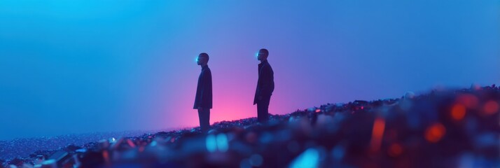 Aufkleber - Futuristic digital chaos with glowing screen faces on electronic waste hill in ambient light - tech innovation, sustainability trend, modern creative concept