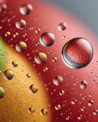 Poster - Close-up of Dew Point Condensation Droplets on Glass with Vivid Color Reflections Highlighting Atmospheric Humidity and Water Cycle Patterns