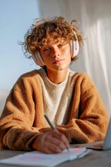Aufkleber - Focused young student wearing headphones writing notes at desk with laptop, showcasing remote learning and digital literacy in modern education trends