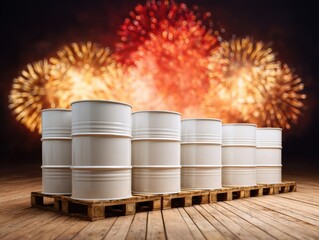 Poster - Industrial Metal Drums on Wooden Pallets with Fireworks Background Supply Chain and Manufacturing Efficiency Concept for Logistics Marketing