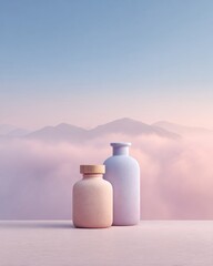 Poster - Minimalist Cosmetic Jars with Rounded Shapes on Soft Surface Against Misty Mountain Pastel Sky for Inclusive Skincare Advertising and Beauty Wellness
