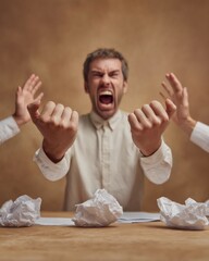 Poster - Modern Business Conflict Escalation Emotional Outburst at Conference Table with Defensive Colleagues and Scattered Documents - Workplace Tension Concept for Training