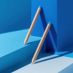 Poster - Optical Illusion with Wooden Pencils Casting Staircase Shadows on Blue Minimalist Surface for Corporate Growth and Team Collaboration Concepts