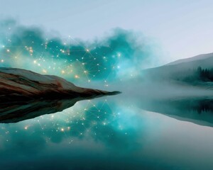 Aufkleber - Abstract Citizen Science Network with Connected Data Nodes over Misty Lake Landscape - Technology Visualization for Collective Intelligence and Innovation