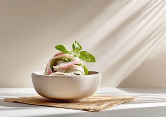 Poster - Elegant Sakura Cherry Blossom Noodle Dish in Ceramic Bowl on Bamboo Mat with Natural Light and Minimalist Rustic Setting for Modern Culinary Branding