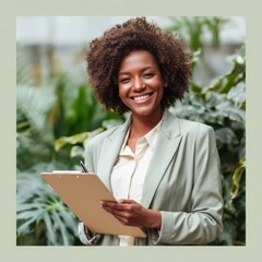 Aufkleber - Confident businesswoman with clipboard smiling in bright office, modern leadership concept with positive workplace attitude and organizational efficiency
