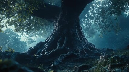 Poster - A majestic tree stands tall in the midst of a dense forest, its branches stretching towards the sky