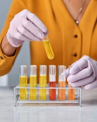 Poster - Modern Clinical Laboratory Technician Handling Colorful Blood Samples for Medical Testing and Diagnostic Precision in Healthcare Innovation