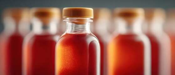 Poster - Close-up of blood sample vials with amber caps for medical testing in clinical laboratory setting showing clear glass and rich red fluid detail