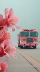 Poster - Airport fire truck speeding on tarmac toward plane with emergency equipment, rapid response symbolizing aviation safety and disaster preparedness