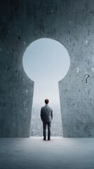 Poster - Modern businessman unlocking future potential standing before giant keyhole with city skyline and question marks, symbolizing opportunity and career growth