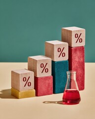 Poster - Modern Financial Growth Concept with Annuity Percentage Wooden Blocks in Stacked Staircase Pattern and Vibrant Colorful Textured Cubes for Investment Strategy