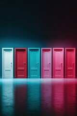 Poster - Colorful Doors in Modern Minimalist Space with Neon Lighting Reflecting on Glossy Floor - Concept of Choice and Innovation for Business and Design