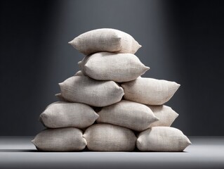 Poster - Pyramid Stack of Burlap Sandbags on Gray Surface for Flood Defense and Emergency Preparedness with Durable Natural Texture and Modern Crisis Management Concept