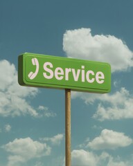 Poster - Green Service Road Sign with Telephone Icon on Pole Against Blue Sky Clouds - Customer Support and Guidance Concept for Modern Consumer Assistance