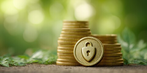 Poster - Gold Privacy Coin with Embossed Lock Shield and Stacked Coins Symbolizing Secure Financial Protection and Modern Wealth Security in Soft Natural Background