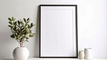 Poster - Minimalist Interior featuring blank frame, plant in pot and decorative vases set against plain white wall surface. Elegant design presentation.