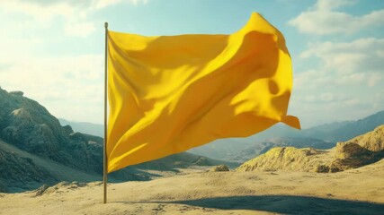 Aufkleber - A yellow flag waving in the wind at the summit of a mountain, great for outdoor adventure and travel images