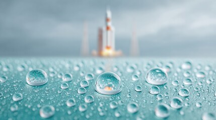Leinwandbilder - Futuristic Rocket Launch at Spaceport with Reflective Platform and Cloudy Sky Emphasizing Aerospace Innovation and Human Technological Advancement