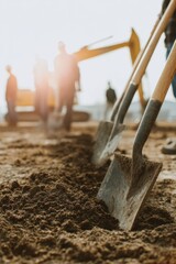 Poster - Groundbreaking Ceremony with Professional Team Using Shovels at Development Site Symbolizing Collaboration and New Project Launch in Construction