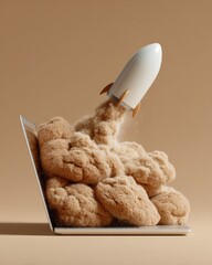 Aufkleber - Modern Startup Launch Concept with Stylized Rocket Emerging from Laptop and Cloud Formations - Digital Innovation and Tech Business Growth Visual