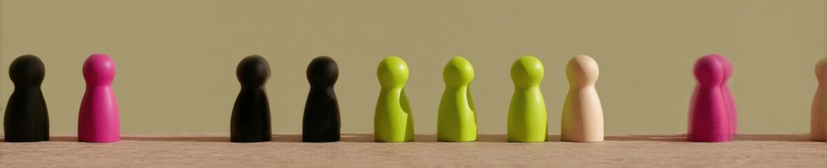 Aufkleber - Inclusive Diversity Concept with Wooden Peg Dolls in Gradient Arrangement on Natural Surface for Corporate Training and Workforce Representation