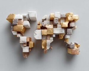Aufkleber - Abstract world map made of textured golden and white blocks representing continents, symbolizing global trade and modern business innovation trends