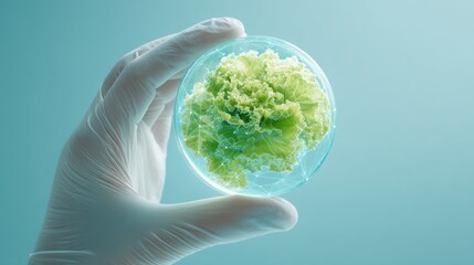 Poster - Food Safety Testing with Gloved Hand Holding Petri Dish Over Fresh Leafy Greens Showing Bacterial Culture for Contamination Detection