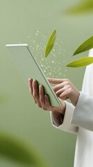 Poster - Sustainable Tech Interaction Person Using Green Tablet with Floating Leaves and Digital Particles in Minimalist Modern Lifestyle Concept