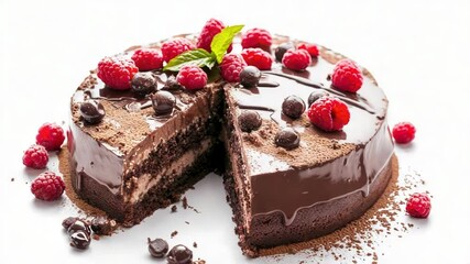 Poster - Delicious chocolate cake with a slice taken out, perfect for serving or sharing