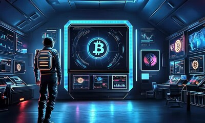 Poster - Futuristic control room with Bitcoin symbol.  A figure stands before a large screen displaying cryptocurrency data.  Intricate digital displays illuminate the room