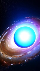Wall Mural - Dramatic depiction of a radiant blue orb with orange galaxy rings surrounded by stardust in deep space, showing vastness of the universe