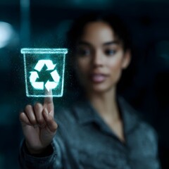 Poster - person interacting with holographic recycling icon in smart control room