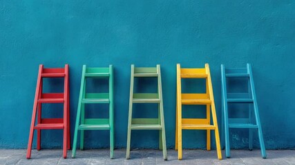 Leinwandbilder - A row of colorful ladders leaning against a bright blue wall, great for backdrops, decorative elements, or even party themes