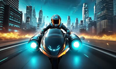Poster - Futuristic motorcycle racer in a modern city