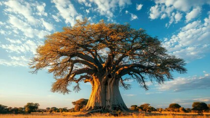 Poster - A giant baobab tree stands alone in a green field, offering shade and shelter
