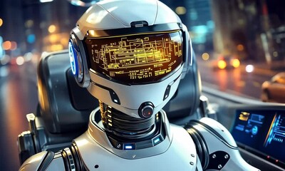 Aufkleber - Futuristic robot driver in a city night